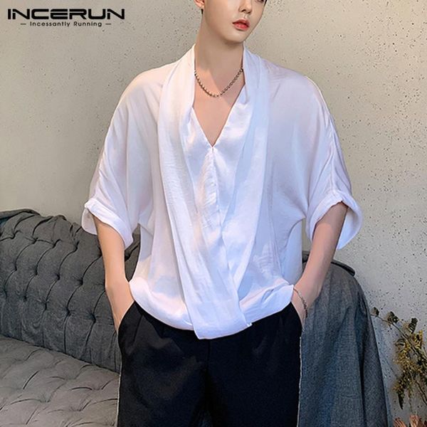 

men's casual shirts 2021 fashion men shirt streetwear v neck short sleeve loose korean style blouse solid color camisas incerun s-5xl, White;black