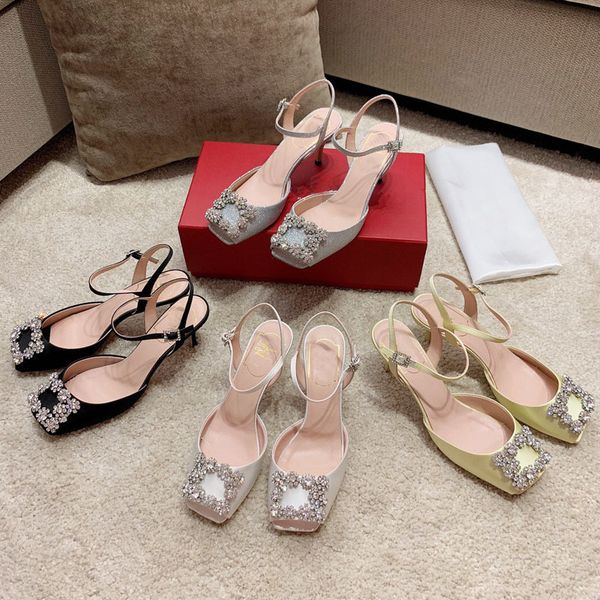 

sandals women's sandals square buckles silk high summer heels head diamond leather stiletto shoes 4gol, Black