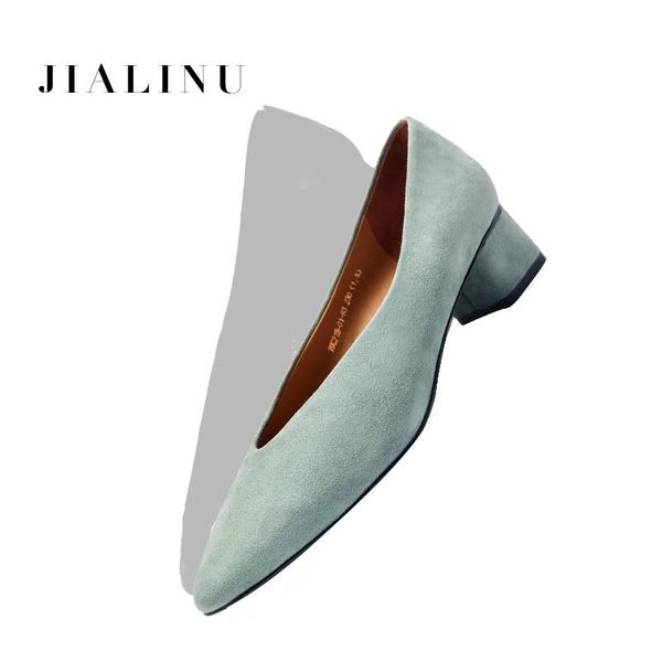 

dress shoes women heels 2021 heels thick shallow suede high square toe genuine leather sheepskin heel covered mid, Black