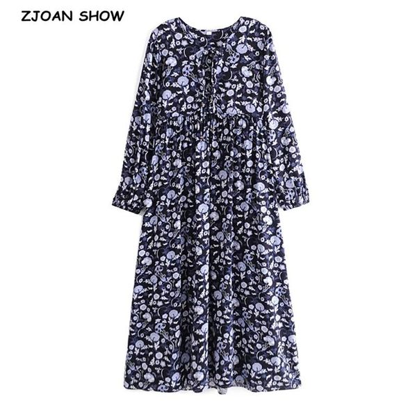 

casual dresses holiday bandage lacing up collar contrast color flower print dress ethnic woman long sleeve maxi bohemian beach, Black;gray