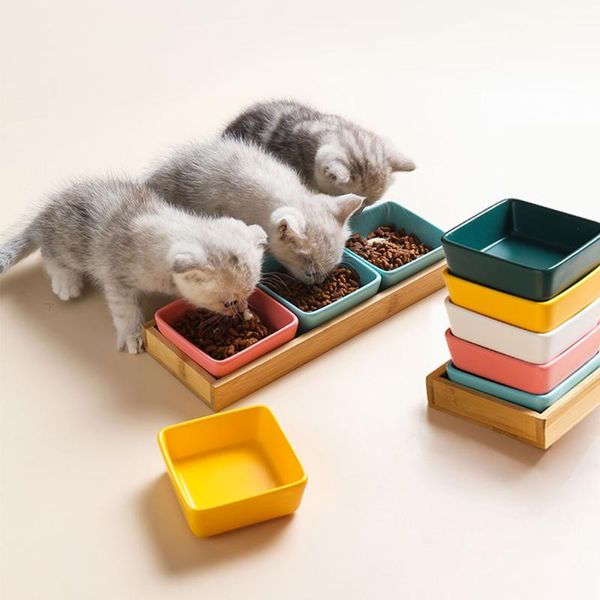 

cat bowls & feeders and puppy square ceramic bowl,wooden shelf dish,sturdy durable,small pet feeder,multiple colors,pet supplies