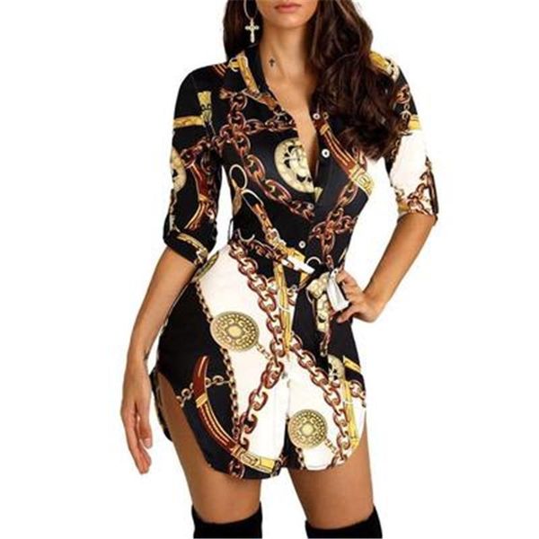 

women gold chain printing dresses fashion trend half sleeve single breasted shirts short skirts designer female cardigan casual tshirt dress, Black;gray
