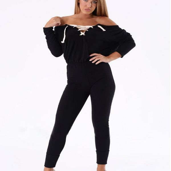 

women's jumpsuits & rompers 2021 autumn off shoulder black one piece casual and for women lace up ribbons bodysuit feminino vadim mujer, Black;white