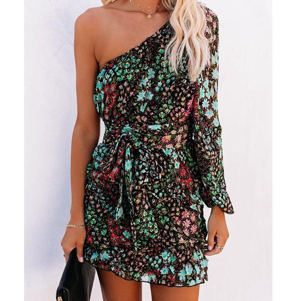 

casual dresses lugentolo slanted shoulder print long sleeve dress women summer fashion sashes a-line mini for, Black;gray