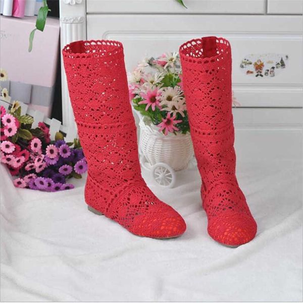 

2021 hollow boots breathable shoes fashion mesh knit line high to help summer women's boots knee high tube women's shoes y0910, Black