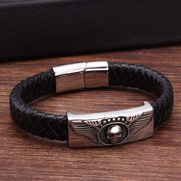 

charm bracelets vintage genuine leather skull men male sporty bangles handmade braided stainless steel chain link cuff, Golden;silver