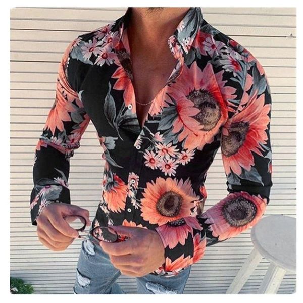 

new men's floral shirt long sleeve casual shirt fashion rose flower 3d printed turn-down collar slim fit mens clothing, White;black