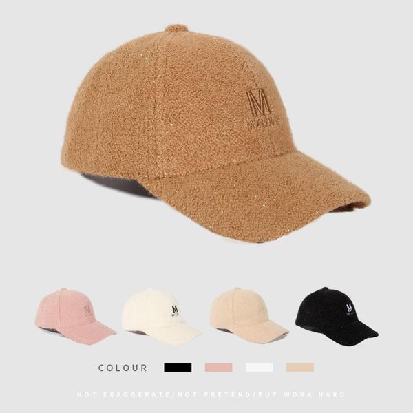 

beanies hat female autumn and winter plush bright silk m letter embroidered baseball cap casual warm couple duck tongue tide