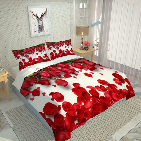 Costume único cama de cama de casal completa chapa lisa vermelha rosa casamento conjunto de cama flores rose 3d impressão