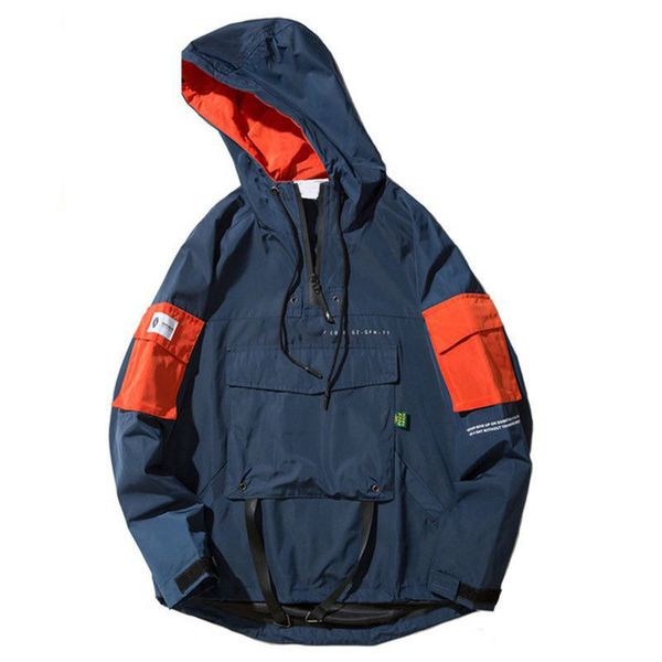 

half zipper pullover jacket men new 2021 autumn hip hop hooded jacket front pocket casual windbreaker hoodie streetwear harajuku, Black