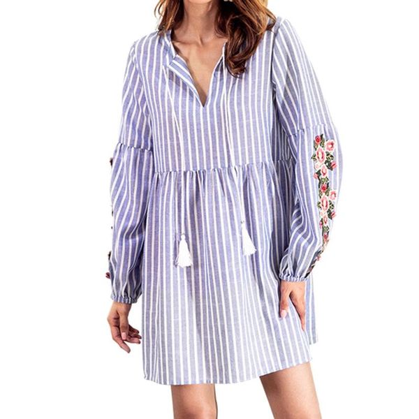 

casual dresses women drawstring dress long-sleeve stripes embroidery straight above-length cotton v-neck vestidos de festa harajuku, Black;gray