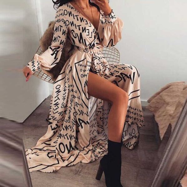 

summer letter print dress with long sleeves waist slit beach bandage deep v-neck vintage party long dress women 210712, Black;gray
