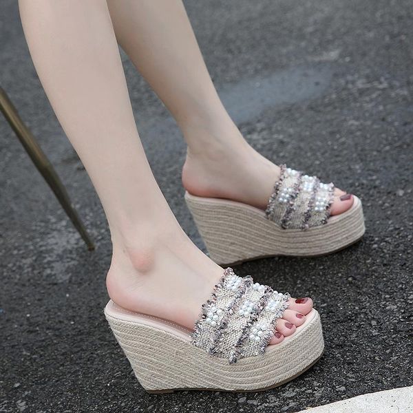 

women's sandals 2021 summer sandals wedge slippers shoes women vintage flip flops female beading lady casual slides, Black