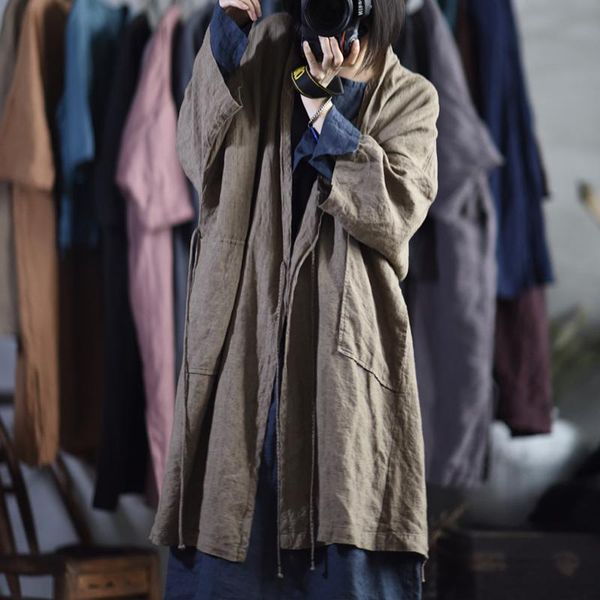 

women's trench coats johnature linen solid color retro belt cardigan v-neck pocket 2021 autumn simple loose women windbreaker, Tan;black