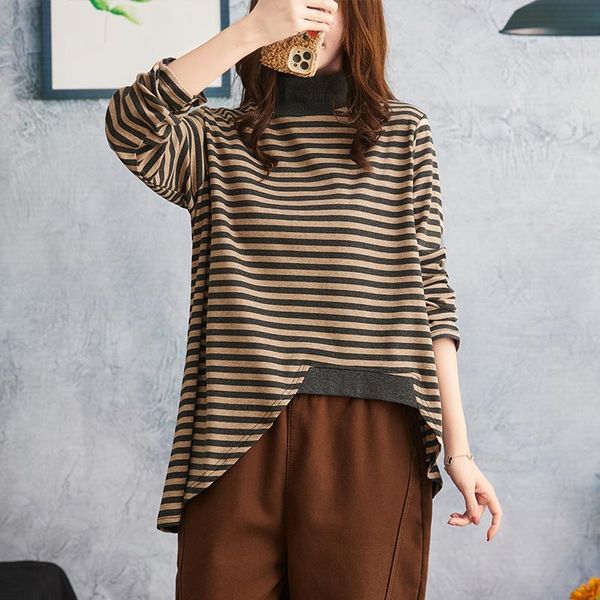 

casual turtleneck long sleeve pullovers women loose striped knitted shirt cotton patchwork t shirt female irregular shirts, White