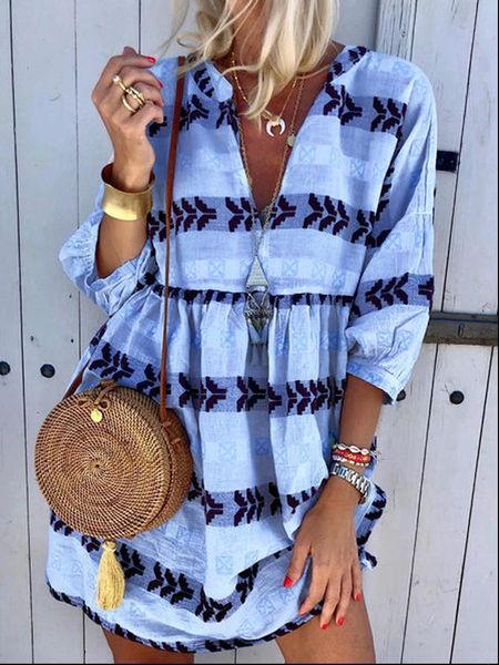 

summer clothes for women three quarter sleeves t shirt dress v neck boho loose plus size dress beach print dresses, Black;gray
