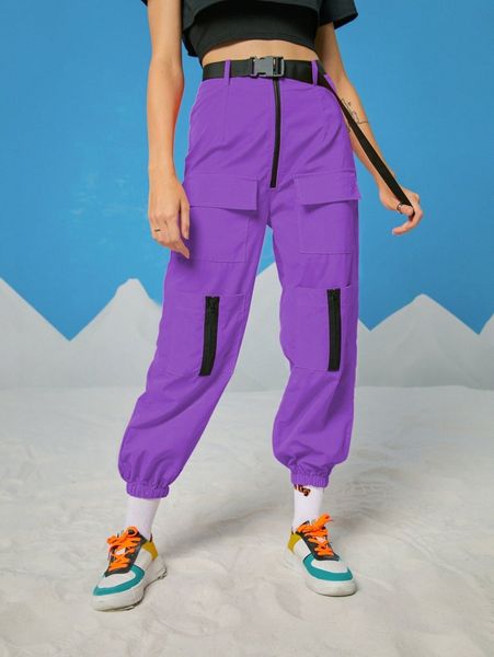 

romwe flap pocket cargo pants v0u8#, Black;white