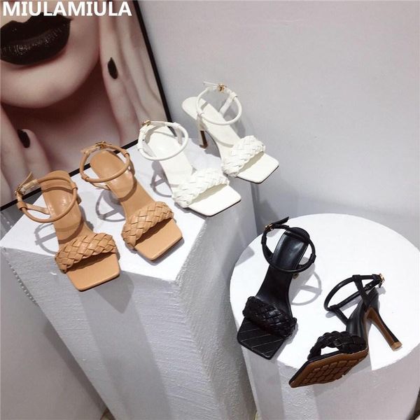 

2021 summer size 35-41 woven leather square toe buckle-strap lady sandals high thin heels black white women shoes party casual