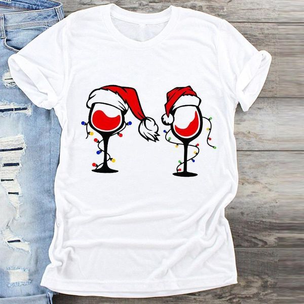 

women plaid wine cup hat holiday fashion merry christmas print clothes graphic female tshirts t shirt ladies tee t-shirt, White