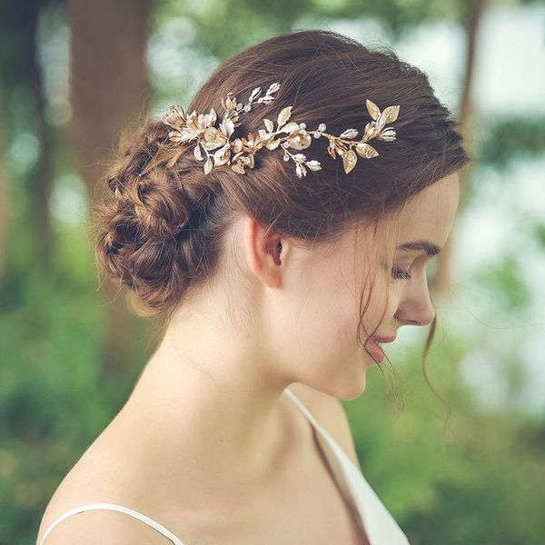 Fermagli per capelli Barrettes Fasce per capelli fatte a mano Donne Diademi Fasce per capelli Perline di cristallo Corona di perle Accessori da sposa da sposa Per Fogli d'oro