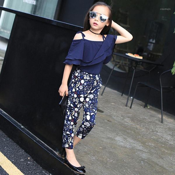 

4t-12t toddler kids baby girl clothes sets summer off shoulder t-shirt floral pants outfits set baby's clothing, White