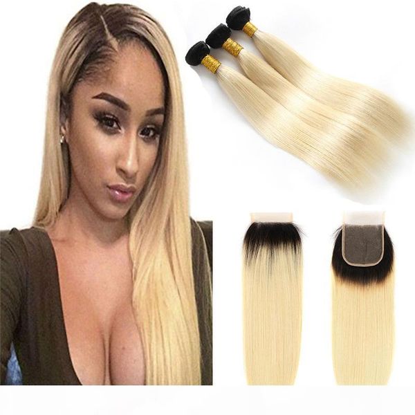 

platinum ombre blonde 1b 613# straight lace closure with bundles brazilian remy human hair weave with 4x4 lace closures, Black