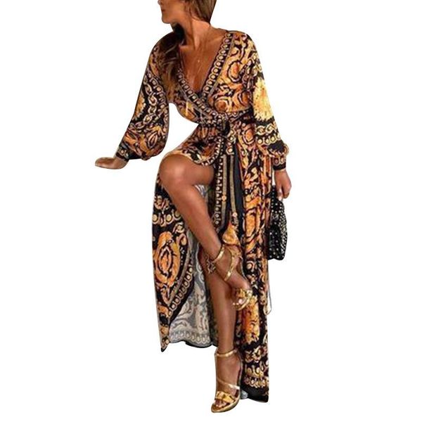 

casual dresses bohemian v-neck print full sleeve belt dress for women fashion ankle-length swing donsignet, Black;gray