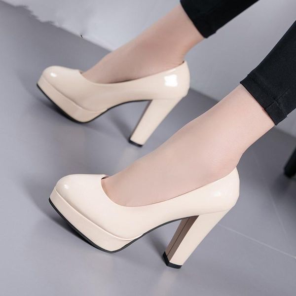 

dress shoes thick high heels women pumps round toe work woman slip on platform pump lady spring autumn zapatos de mujer xkd3039, Black