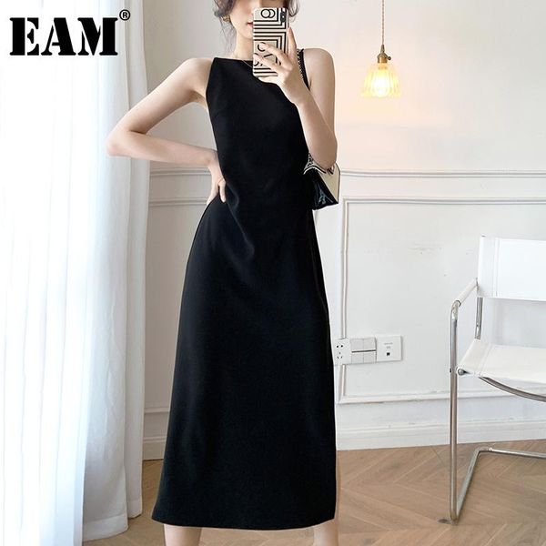 

casual dresses [eam] women black long temperament chiffon dress round neck sleeveless loose fit fashion tide spring summer 2021 1dd8613, Black;gray