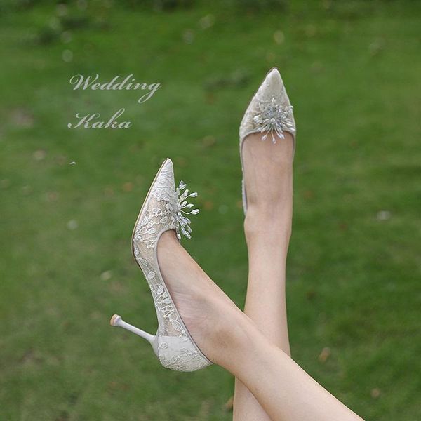 

dress shoes spring pointed rhinestone lace fine high-heeled bride bridesmaid wedding banquet wild large size women's single shoe, Black