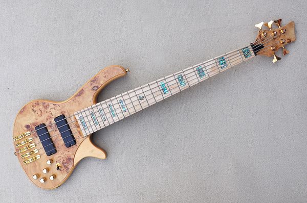 

factory custom natural wood color 5-string electric bass guitar with burly grain veneer,gold hardwares,maple fingerboard,alalone fret inlay,