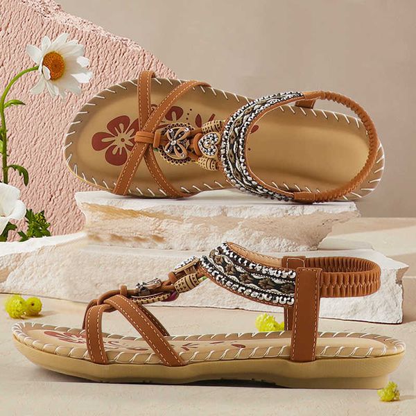 

slippers 2021 women sandal printing sandals summer shoes vintage crystal elastic band sandals ladies female 7h49, Black