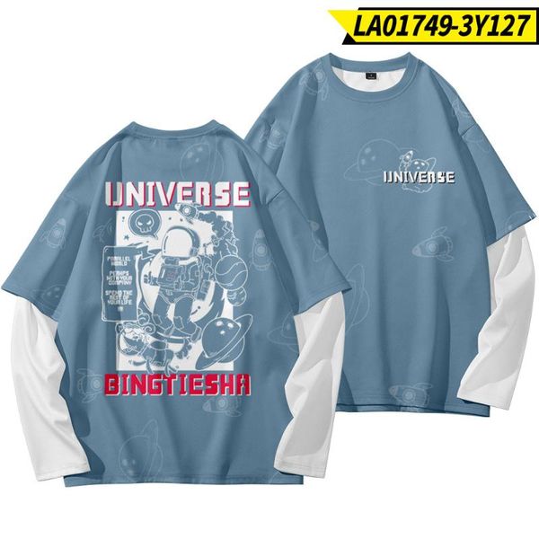 

men's t-shirts fake two pieces long sleeve tshirt men autumn streetwear clothing pullover harajuku astronuat print sweatshirt, White;black