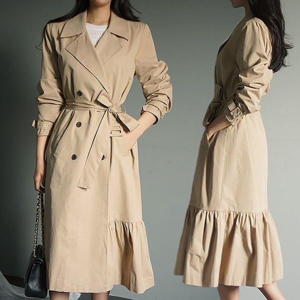 

women's trench coats windbreaker women coat belt waist 2021 autumn double breasted loose female streetwear korean outwear sashes tr44, Tan;black