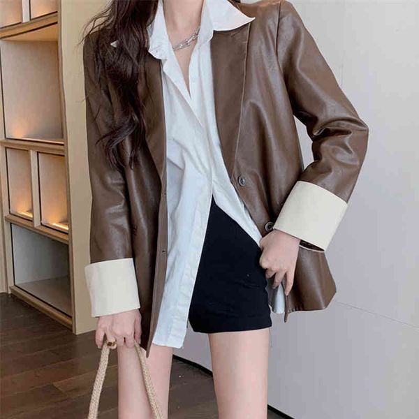 

women's jackets long punk jacket with fake female leather, baggy bf-style bf spring streetwear feminine, biker's clothing, black q, Black;brown