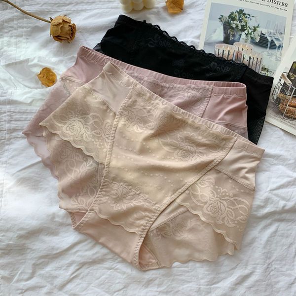 

2021 weimi girl new large size medium waist lace women's underwear, Black;pink