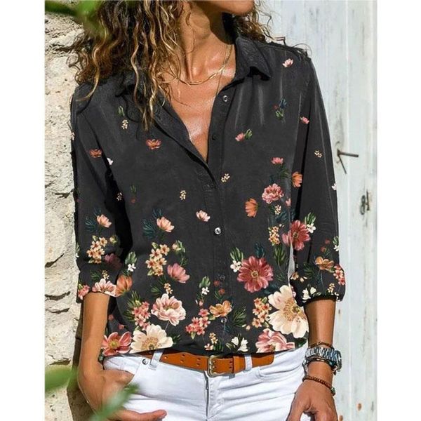 

floral print lapel women's elegant long sleeve turn-down collar slim button shirt fashion casual office lady style clothing, White