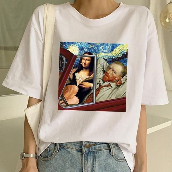 

funny mona lisa van gogh t shirt women funny grunge tshirt spoof personality harajuku 90s female ulzzang t-shirt tees, White