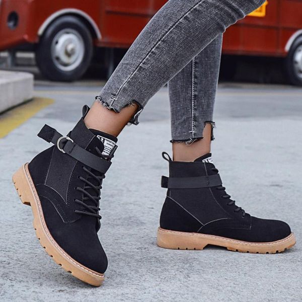 

boots classic brogue women flock sewing casual winter shoes lace up work non-slip hoof heels buckle strap, Black