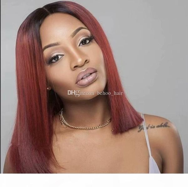 

1b 99j ombre lace front human hair wigs with baby hair brazilian remy straight hair short bob wigs for black women, Black;brown