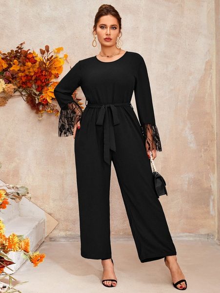 

plus contrast lace flounce sleeve belted culotte jumpsuit c2dd#, Black