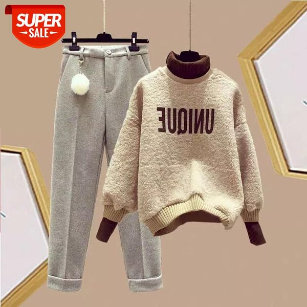 

Autumn Winter New Suits Women Velvet Sweatshirts Thickened Pullover Turtleneck Women'S Sets Leisure Two-Piece Tops And Pants #ch33, White