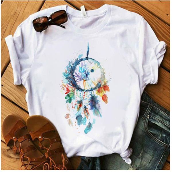 

women's t-shirt summer cute dreamcatcher flower graphic kawaii streetwear ladies o-neck short sleeve, White
