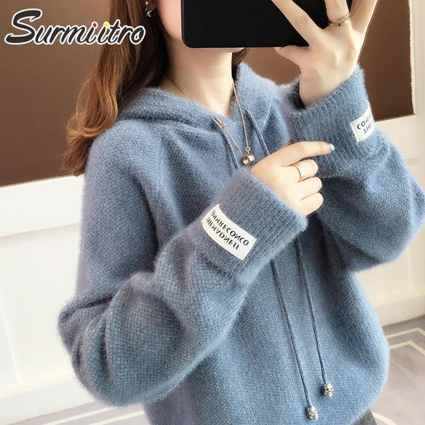 

women's hoodies & sweatshirts surmiitro knitted women 2021 autumn winter korean kpop long sleeve hooded sweatshirt female pullover blue, Black