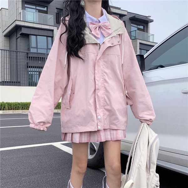 

women's jackets 2021 women patchwork oversize loose casual coats hooded korean style fake two piece chic preppy students daily, Black;brown
