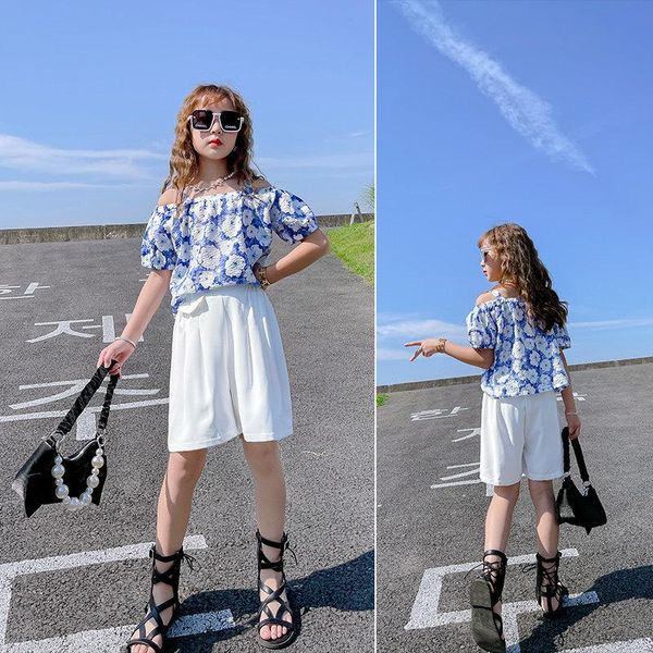 

clothing sets girls off shoulder floral shirt + white shorts 2pcs suit 2021 kids summer wear outfits for 6 8 10 12 13years