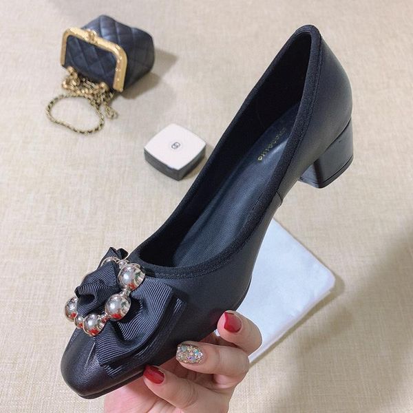 

dress shoes fashion square heels pumps women autumn rhinestone cowhide bowknot loafer female office work zapatos mujer big size, Black