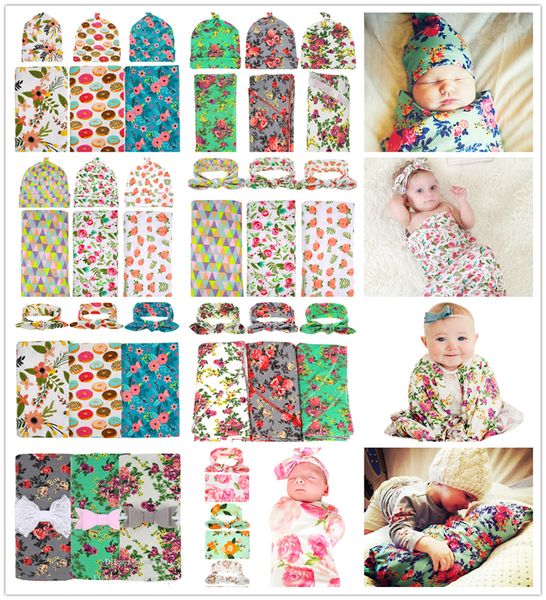 Ins Baby Swaddle Decke Knoten Hut Set Neugeborenen Säuglings Dusche Wrap Tuch Kinder Blume Print Umgepackt Swaddling Roben Stirnbänder 24STYLES BHBZ01