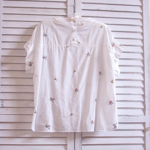 

women's blouses & shirts 2021 summer style japanese small fresh and sweet flower embroidery lotus leaf sleeve cotton linen round neckbl, White