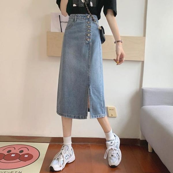 

skirts denim skirt women's summer spring and autumn high waist was thin retro mid-length split fork bag hip long, Black